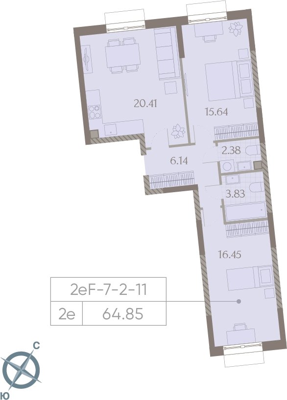 2-комнатная квартира без отделки, 64.9 м2, 4 этаж, сдача 3 квартал 2025 г., ЖК Дмитровское небо, корпус 2 - объявление 2185570 - фото №1