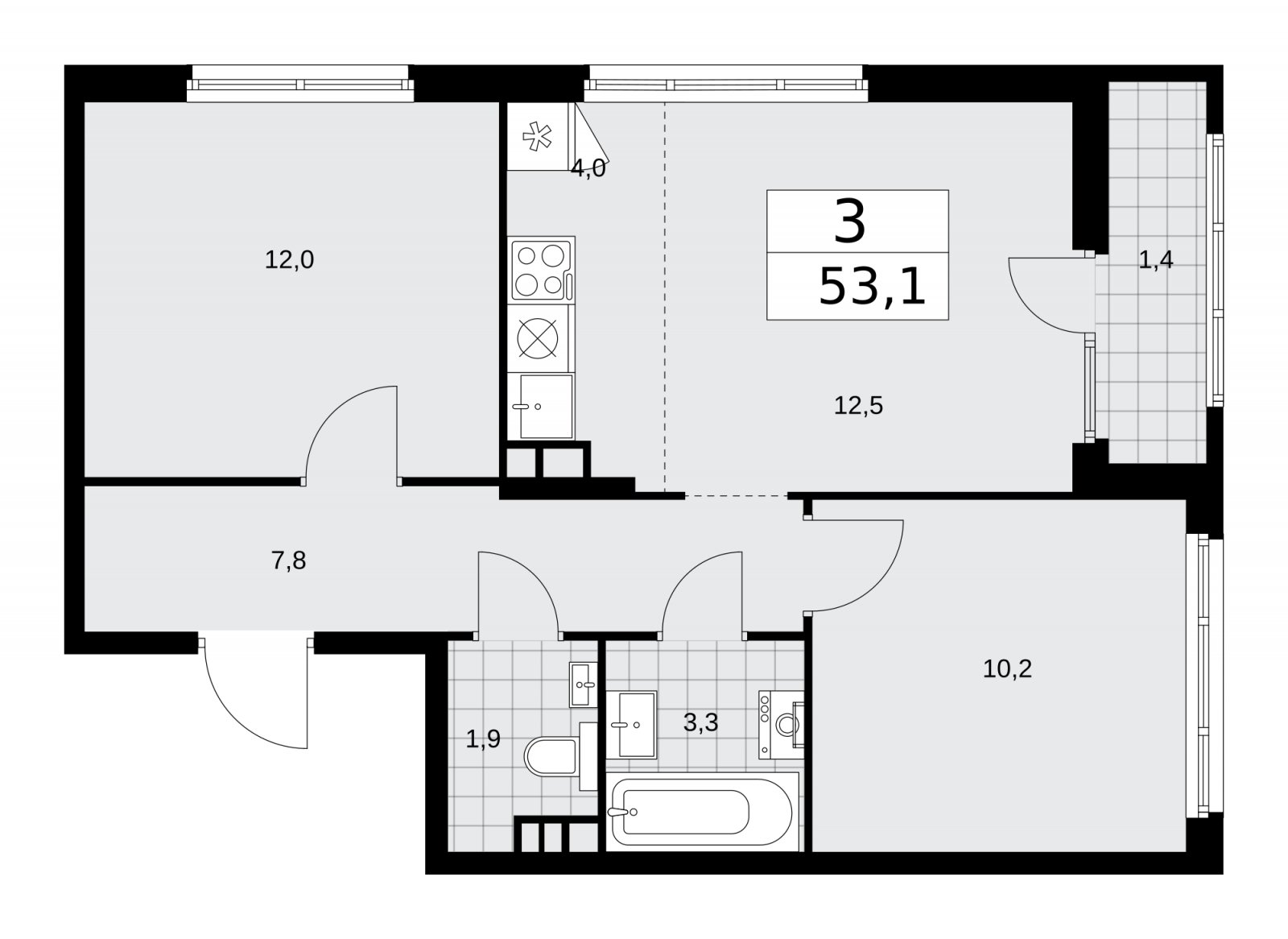 3-комнатная квартира (евро) с частичной отделкой, 53.1 м2, 11 этаж, сдача 2 квартал 2026 г., ЖК Деснаречье, корпус 4.4 - объявление 2264302 - фото №1