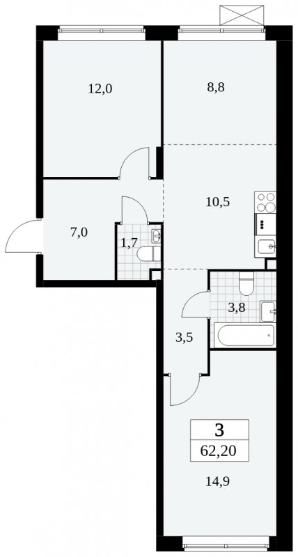 3-комнатная квартира (евро) без отделки, 62.2 м2, 2 этаж, сдача 2 квартал 2024 г., ЖК Прокшино, корпус 6.2 - объявление 1662760 - фото №1