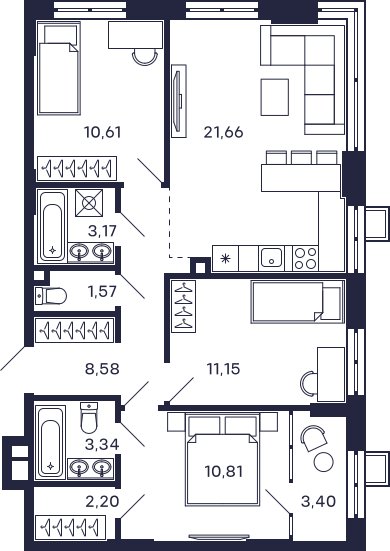 3-комнатная квартира без отделки, 76.49 м2, 2 этаж, сдача 2 квартал 2025 г., ЖК Квартал Тетрис, корпус "Квартал Тетрис 2.2" - объявление 2379000 - фото №1