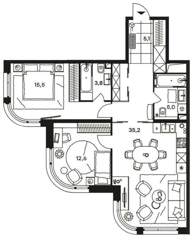 3-комнатные апартаменты без отделки, 77.2 м2, 14 этаж, сдача 2 квартал 2022 г., ЖК Level Стрешнево, корпус Север - объявление 1671004 - фото №1