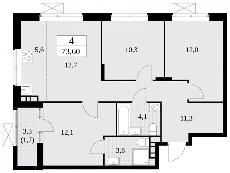 4-комнатная квартира (евро) с частичной отделкой, 73.6 м2, 12 этаж, сдача 2 квартал 2025 г., ЖК Прокшино, корпус 5.2.6 - объявление 1901107 - фото №1