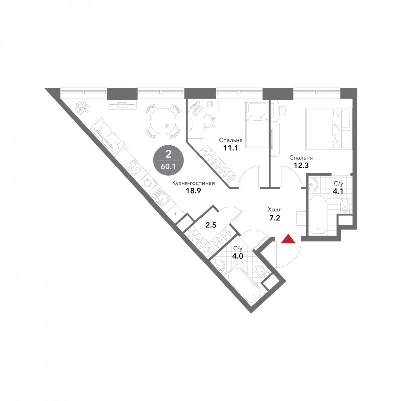 2-комнатная квартира без отделки, 60.1 м2, 3 этаж, сдача 3 квартал 2025 г., ЖК VOXHALL, корпус 2 - объявление 1804629 - фото №1
