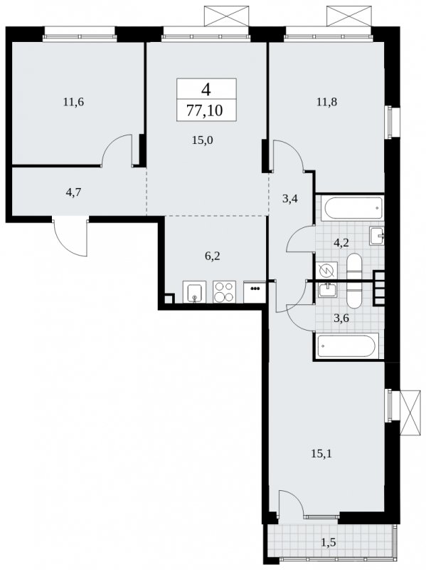 4-комнатная квартира (евро) с частичной отделкой, 77.1 м2, 4 этаж, сдача 4 квартал 2024 г., ЖК Бунинские кварталы, корпус 2.1 - объявление 1882306 - фото №1
