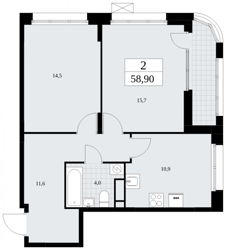 2-комнатная квартира с частичной отделкой, 58.9 м2, 15 этаж, сдача 4 квартал 2024 г., ЖК Бунинские кварталы, корпус 1.1 - объявление 1834271 - фото №1