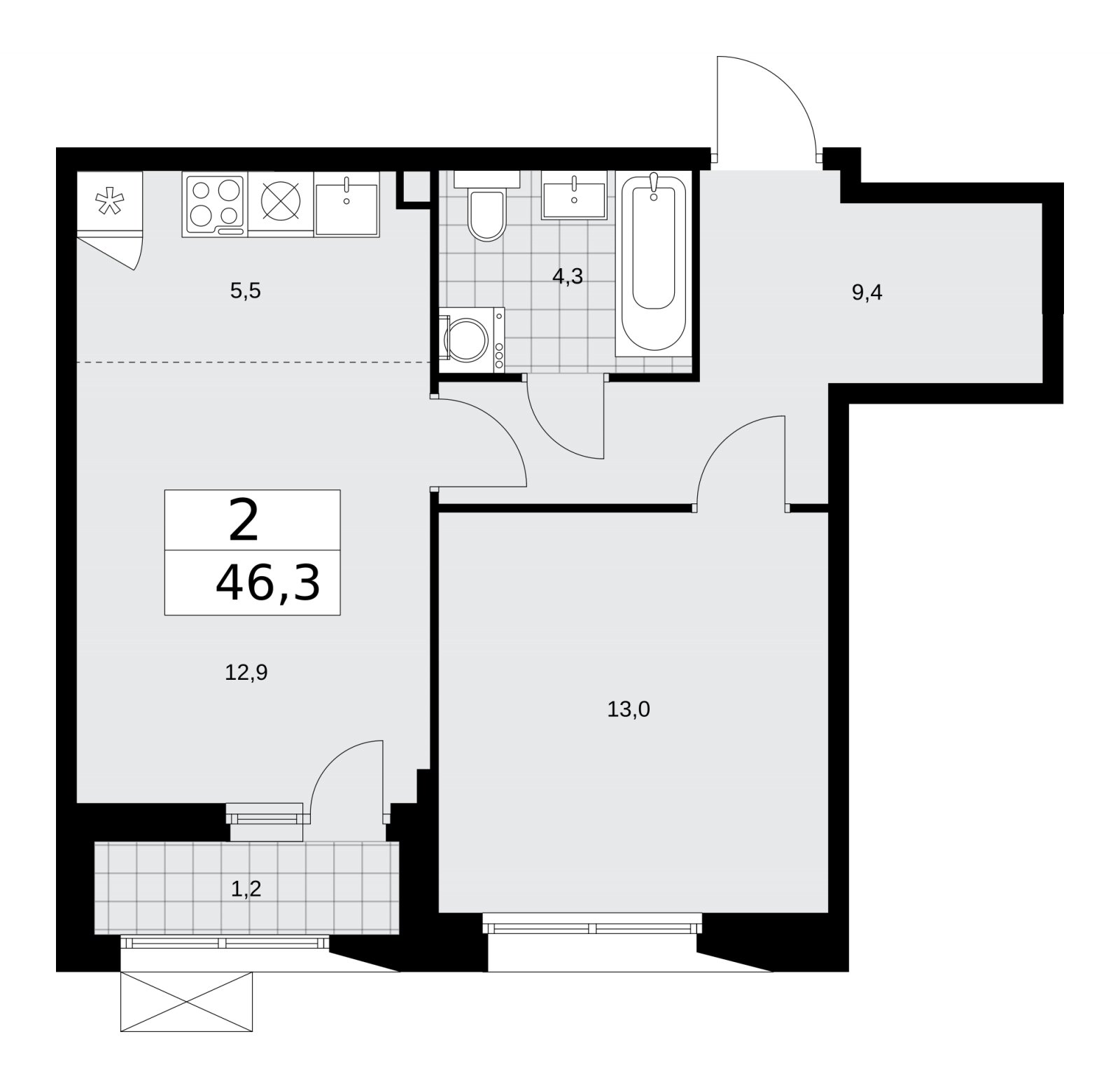 2-комнатная квартира (евро) без отделки, 46.3 м2, 2 этаж, сдача 4 квартал 2025 г., ЖК Бунинские кварталы, корпус 6.6 - объявление 2252949 - фото №1