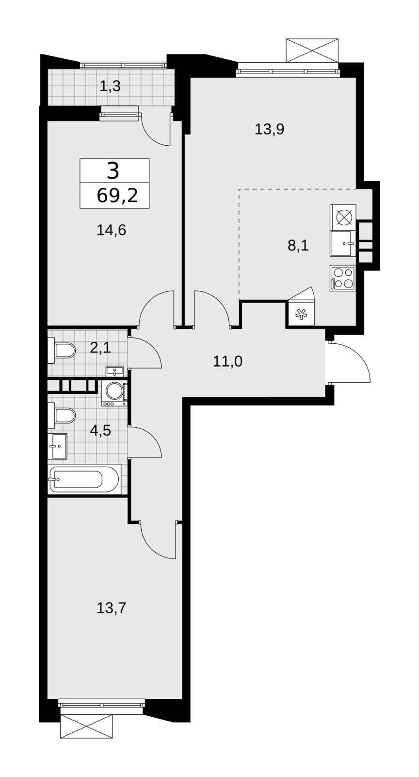3-комнатная квартира (евро) без отделки, 69.2 м2, 5 этаж, сдача 4 квартал 2025 г., ЖК Бунинские кварталы, корпус 6.6 - объявление 2252965 - фото №1