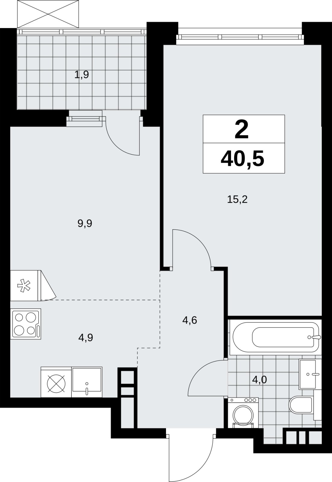 2-комнатная квартира (евро) без отделки, 40.5 м2, 9 этаж, сдача 4 квартал 2026 г., ЖК Скандинавия, корпус 2.18.2.6 - объявление 2351780 - фото №1