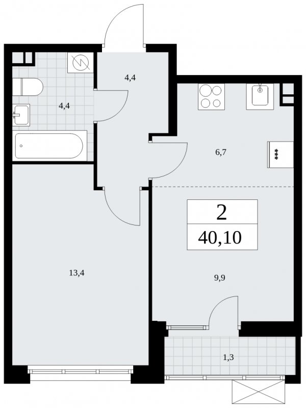 2-комнатная квартира (евро) без отделки, 40.1 м2, 3 этаж, сдача 4 квартал 2024 г., ЖК Бунинские кварталы, корпус 2.3 - объявление 1882504 - фото №1