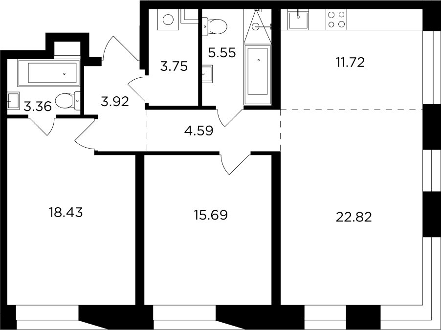 3-комнатная квартира без отделки, 90.06 м2, 13 этаж, дом сдан, ЖК FORIVER, корпус 3 - объявление 2371276 - фото №1
