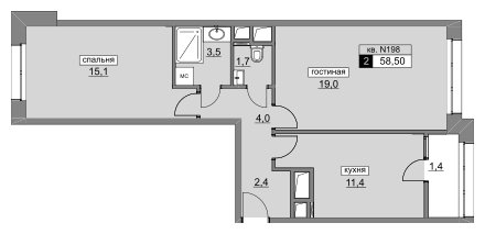 2-комнатная квартира без отделки, 58.5 м2, 11 этаж, сдача 4 квартал 2022 г., ЖК Румянцево-Парк, корпус 3 - объявление 1187346 - фото №1