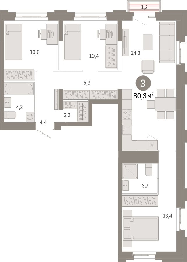 3-комнатная квартира с частичной отделкой, 80.3 м2, 5 этаж, сдача 3 квартал 2026 г., ЖК Квартал Метроном, корпус 1 - объявление 2331012 - фото №1
