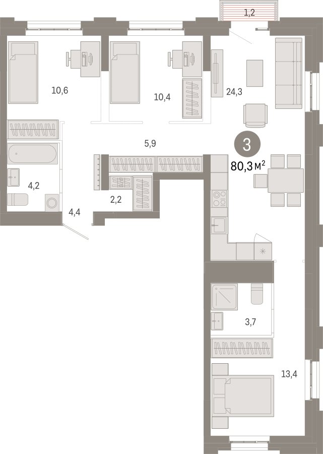 3-комнатная квартира 80.3 м2, 5 этаж, сдача 3 квартал 2026 г., ЖК Квартал Метроном, корпус 1 - объявление 2424122 - фото №1