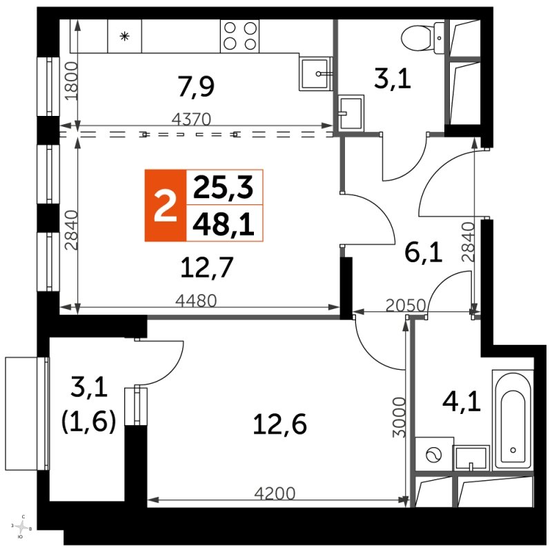 2-комнатная квартира с частичной отделкой, 48.1 м2, 9 этаж, сдача 3 квартал 2023 г., ЖК UP-квартал Римский, корпус 7 - объявление 1972534 - фото №1