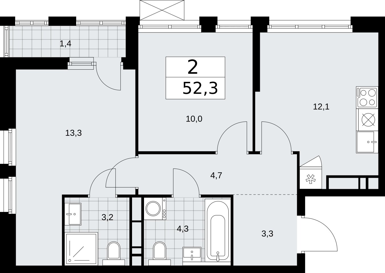 2-комнатная квартира без отделки, 52.3 м2, 13 этаж, сдача 2 квартал 2026 г., ЖК Бунинские кварталы, корпус 5.4 - объявление 2297730 - фото №1