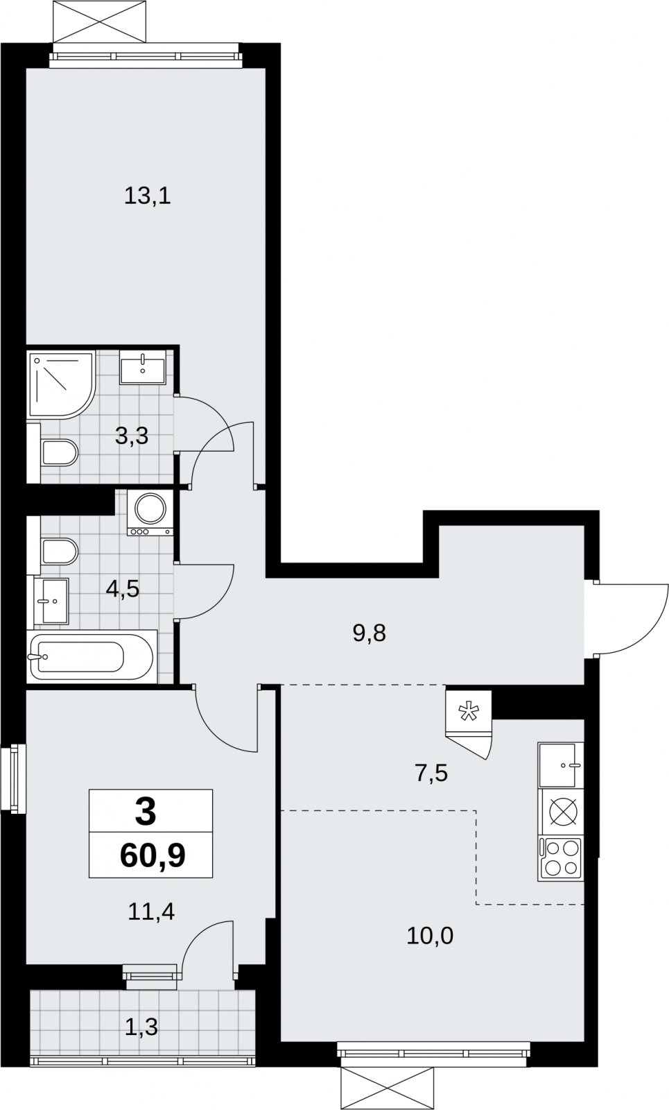 3-комнатная квартира (евро) без отделки, 60.9 м2, 13 этаж, сдача 2 квартал 2026 г., ЖК Бунинские кварталы, корпус 9.1 - объявление 2323609 - фото №1