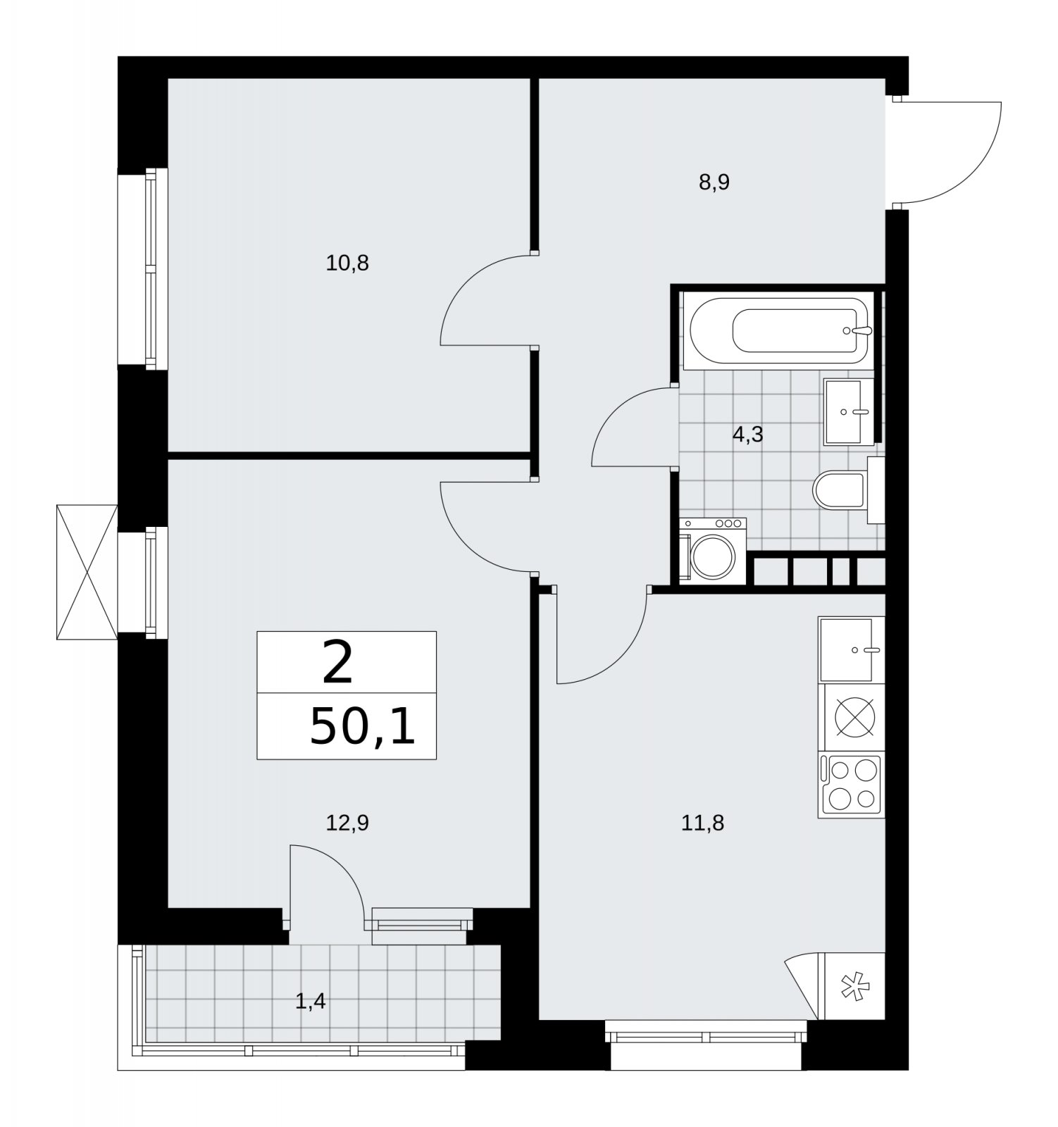 2-комнатная квартира без отделки, 50.1 м2, 5 этаж, сдача 2 квартал 2026 г., ЖК Скандинавия, корпус 25.4 - объявление 2284035 - фото №1