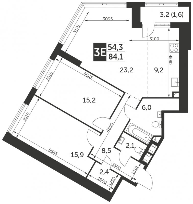 3-комнатная квартира без отделки, 84.1 м2, 25 этаж, сдача 4 квартал 2023 г., ЖК Архитектор, корпус 1 - объявление 1750081 - фото №1