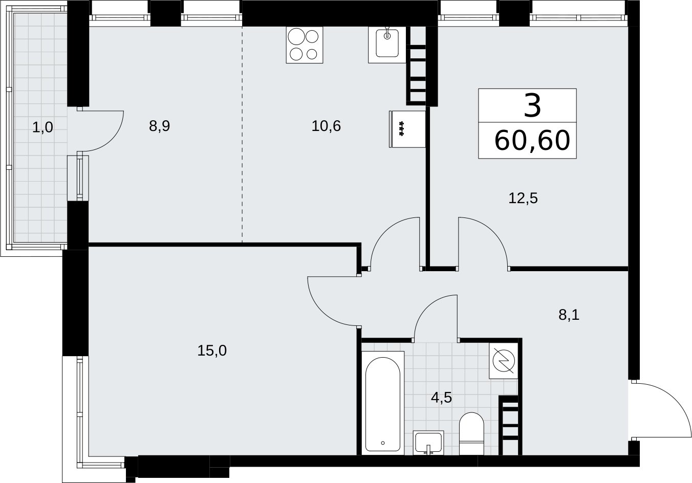 3-комнатная квартира (евро) без отделки, 60.6 м2, 5 этаж, сдача 3 квартал 2026 г., ЖК Родные кварталы, корпус 3.4 - объявление 2378667 - фото №1
