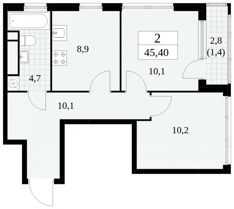 2-комнатная квартира без отделки, 45.4 м2, 30 этаж, сдача 2 квартал 2025 г., ЖК Южные сады, корпус 2.4 - объявление 1760419 - фото №1
