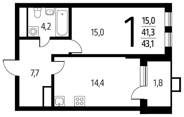 1-комнатная квартира с полной отделкой, 43.1 м2, 2 этаж, сдача 1 квартал 2024 г., ЖК Новые Ватутинки. Центральный, корпус 9/3 - объявление 1673746 - фото №1