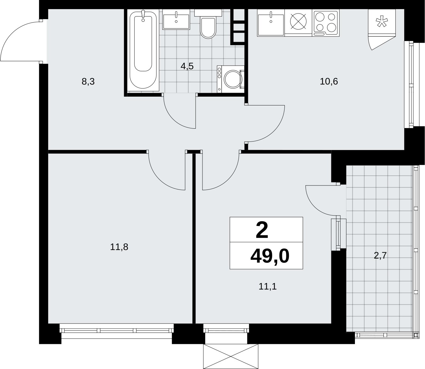 2-комнатная квартира без отделки, 49 м2, 3 этаж, сдача 4 квартал 2026 г., ЖК Скандинавия, корпус 2.18.1.3 - объявление 2350756 - фото №1