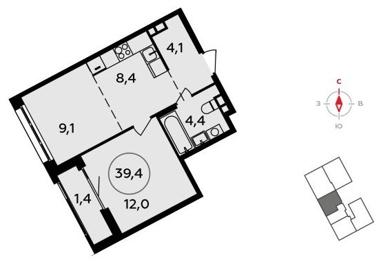 2-комнатная квартира (евро) без отделки, 39.4 м2, 4 этаж, сдача 3 квартал 2023 г., ЖК Прокшино, корпус 4.4 - объявление 1498244 - фото №1