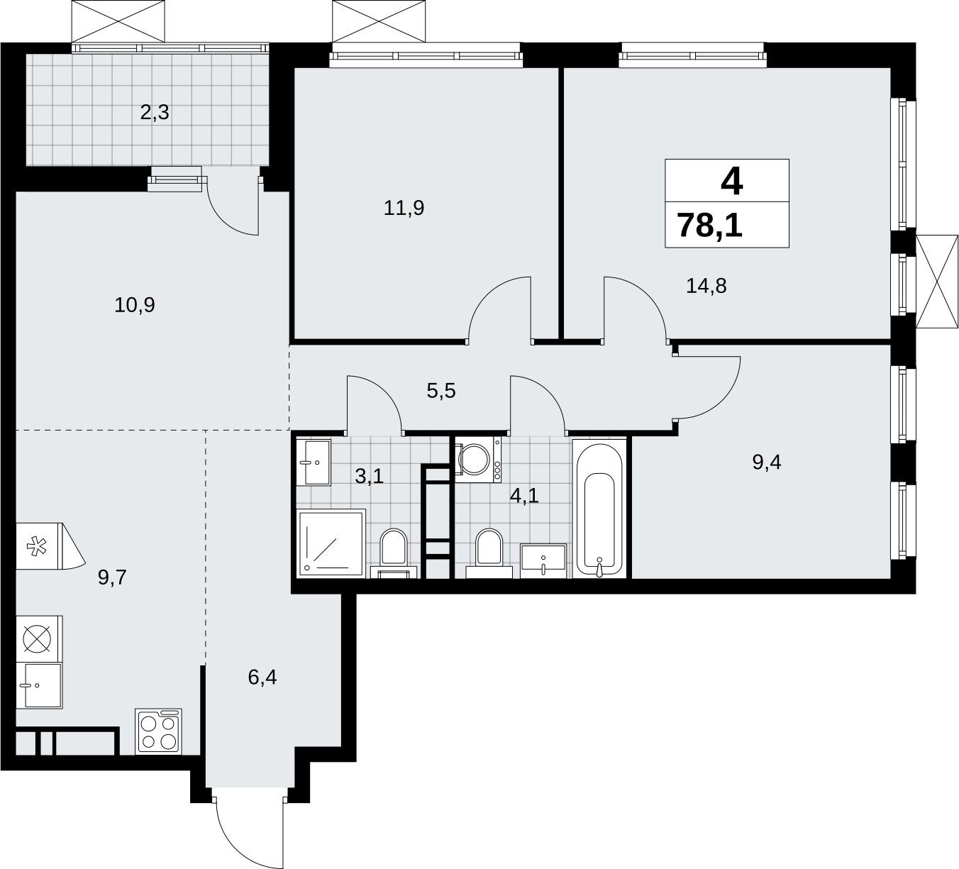4-комнатная квартира (евро) без отделки, 78.1 м2, 12 этаж, сдача 4 квартал 2026 г., ЖК Скандинавия, корпус 2.18.1.2 - объявление 2350720 - фото №1