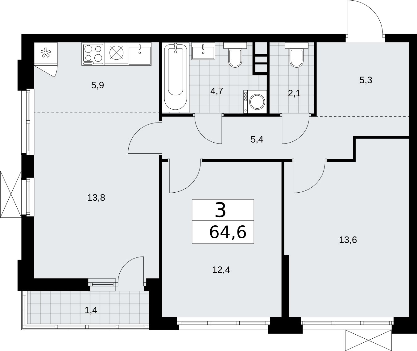 3-комнатная квартира (евро) без отделки, 64.6 м2, 3 этаж, сдача 2 квартал 2026 г., ЖК Бунинские кварталы, корпус 5.4 - объявление 2297679 - фото №1