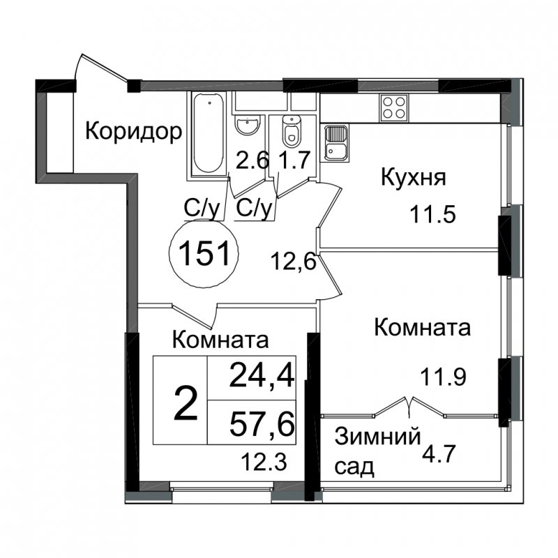 2-комнатная квартира с частичной отделкой, 55.7 м2, 24 этаж, дом сдан, ЖК Сиреневый Парк, корпус 71 - объявление 1640106 - фото №1