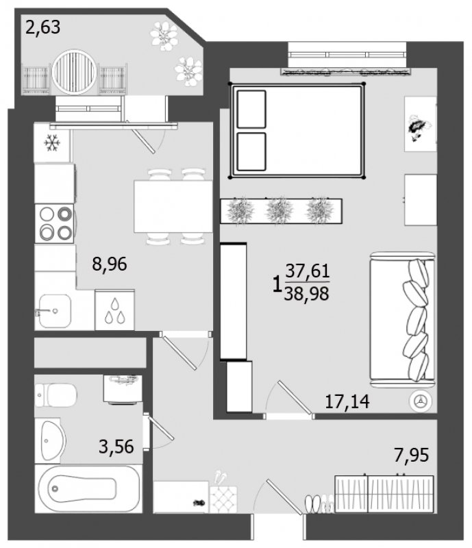 1-комнатная квартира без отделки, 38.98 м2, 8 этаж, дом сдан, ЖК Олимп, корпус 22 - объявление 1303537 - фото №1