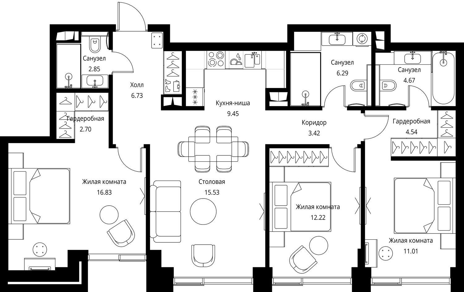 3-комнатная квартира с частичной отделкой, 96.24 м2, 2 этаж, сдача 3 квартал 2026 г., ЖК City Bay, корпус North Ocean 6 - объявление 2332420 - фото №1