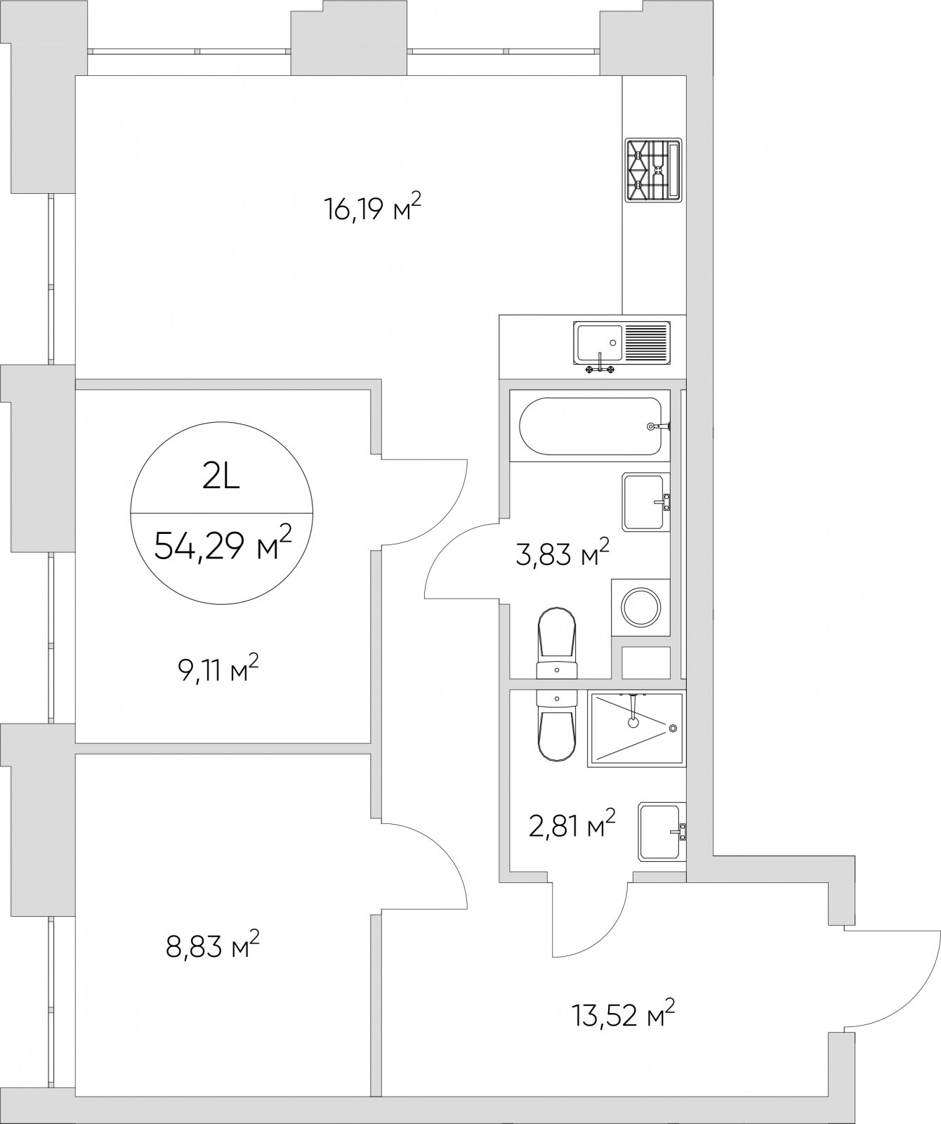 2-комнатные апартаменты без отделки, 54.29 м2, 21 этаж, дом сдан, ЖК N'ICE LOFT, корпус 1 - объявление 2406346 - фото №1