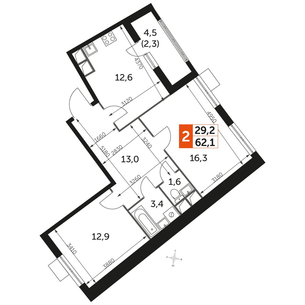 2-комнатная квартира с частичной отделкой, 62.1 м2, 3 этаж, дом сдан, ЖК UP-квартал Римский, корпус 7 - объявление 2359934 - фото №1
