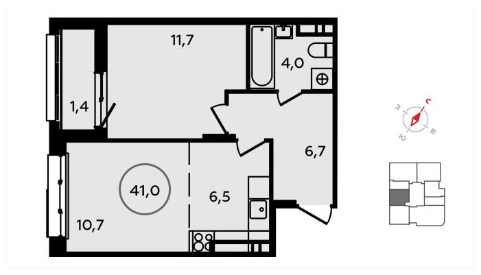 2-комнатная квартира (евро) без отделки, 41 м2, 14 этаж, сдача 3 квартал 2024 г., ЖК Скандинавия, корпус 2.22.1 - объявление 1625285 - фото №1