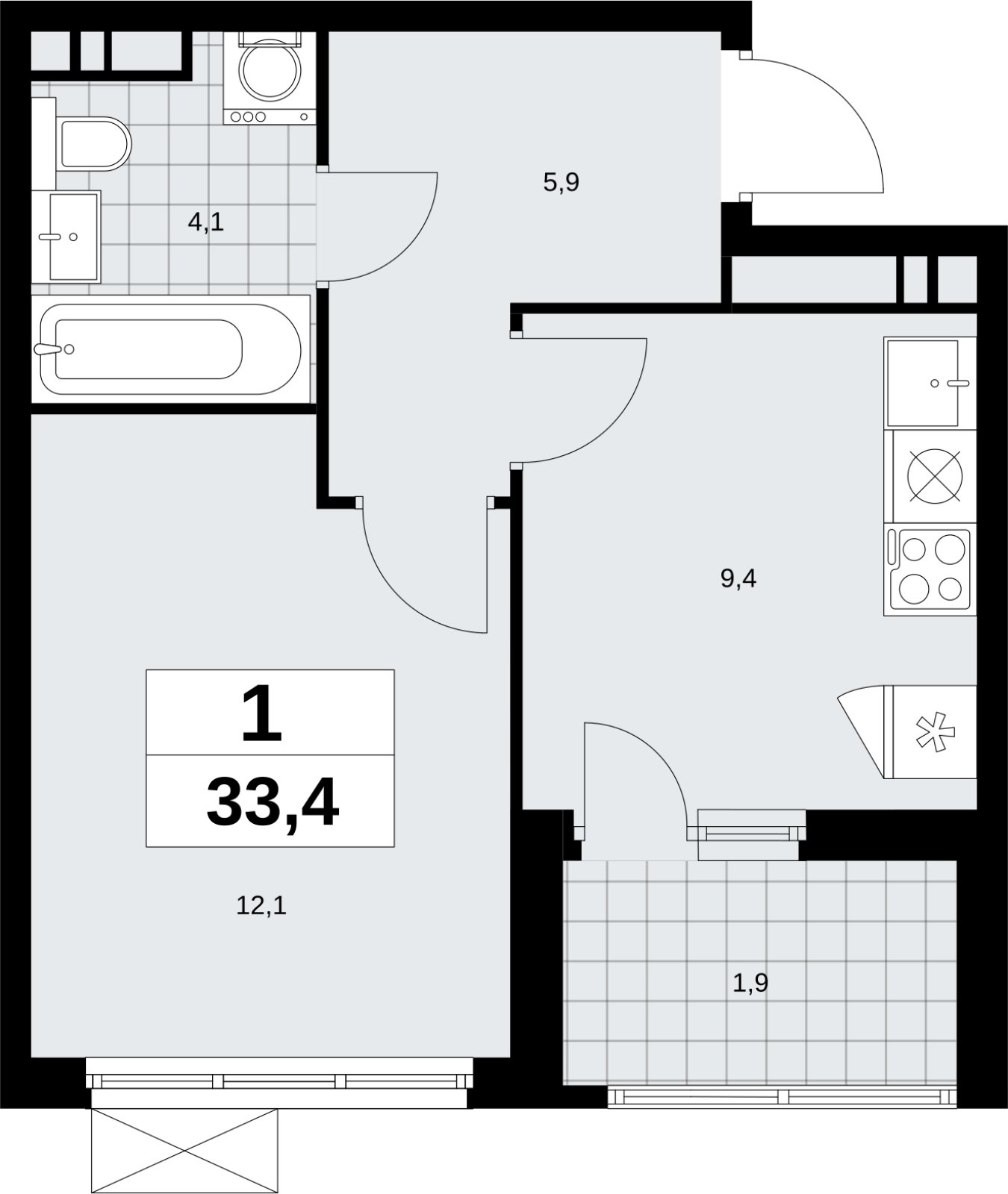 1-комнатная квартира без отделки, 33.4 м2, 11 этаж, сдача 4 квартал 2026 г., ЖК Скандинавия, корпус 2.18.1.4 - объявление 2351017 - фото №1