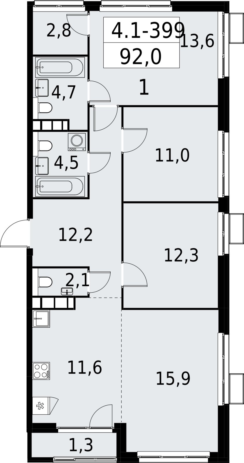 4-комнатная квартира (евро) с полной отделкой, 92 м2, 28 этаж, сдача 2 квартал 2027 г., ЖК Южные сады, корпус 4.1.2 - объявление 2392905 - фото №1