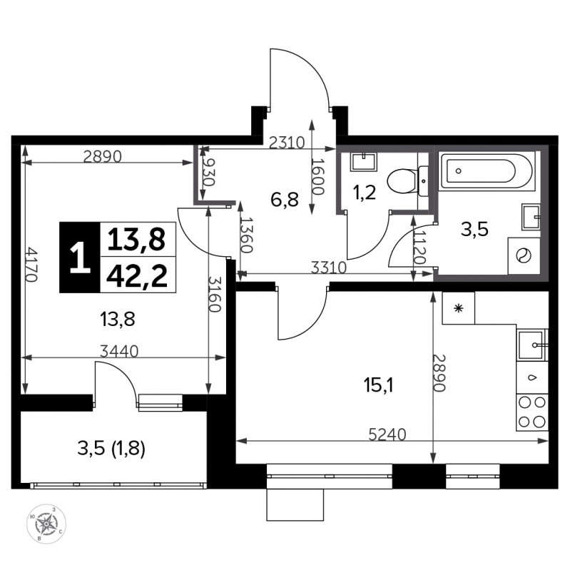 1-комнатная квартира с полной отделкой, 42.2 м2, 14 этаж, сдача 3 квартал 2023 г., ЖК Южная Битца, корпус 11 - объявление 1947775 - фото №1