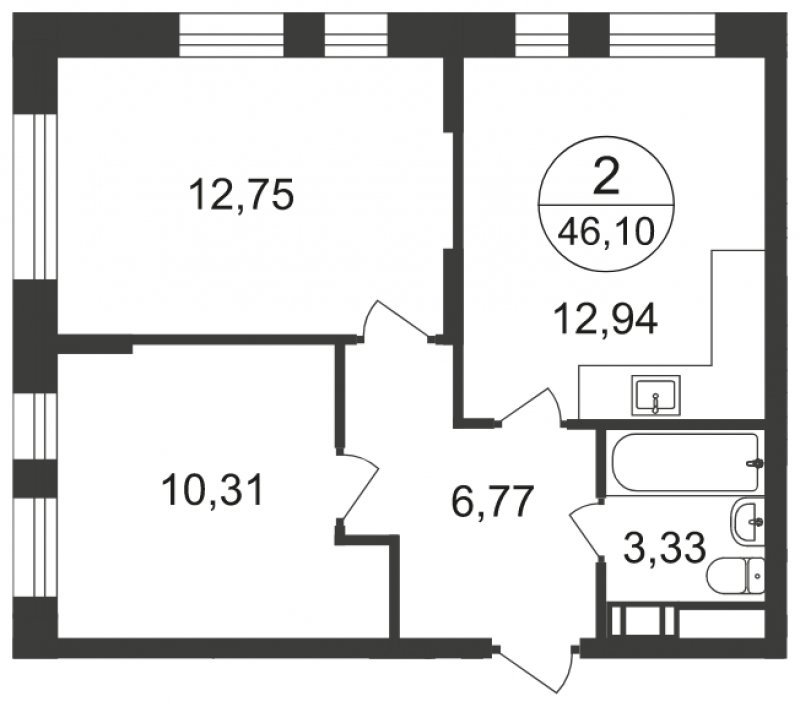 2-комнатная квартира с полной отделкой, 46.1 м2, 13 этаж, сдача 3 квартал 2023 г., ЖК Люберцы, корпус 66 - объявление 1597945 - фото №1
