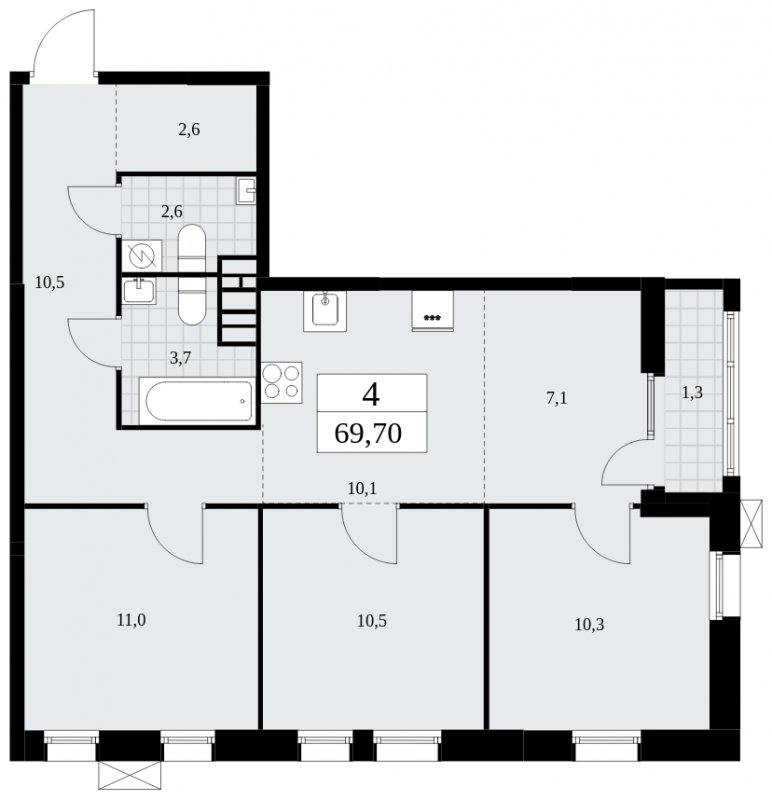 4-комнатная квартира (евро) с частичной отделкой, 69.7 м2, 5 этаж, сдача 3 квартал 2025 г., ЖК Дзен-кварталы, корпус 2.1 - объявление 1932171 - фото №1