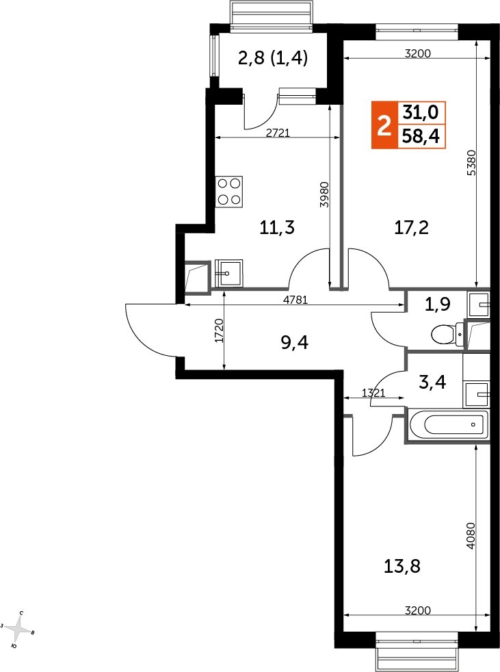 2-комнатная квартира без отделки, 58.4 м2, 1 этаж, дом сдан, ЖК UP-квартал Римский, корпус 7 - объявление 2208628 - фото №1