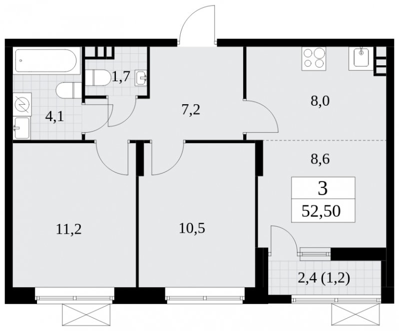 3-комнатная квартира (евро) с частичной отделкой, 52.5 м2, 3 этаж, сдача 2 квартал 2025 г., ЖК Прокшино, корпус 5.2.6 - объявление 1901004 - фото №1