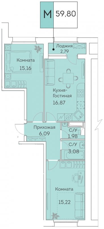 3-комнатная квартира (евро) с частичной отделкой, 59.8 м2, 2 этаж, сдача 3 квартал 2023 г., ЖК Аквилон BESIDE, корпус 1 - объявление 1643017 - фото №1