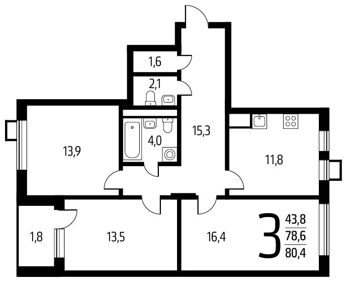 3-комнатная квартира с полной отделкой, 80.4 м2, 9 этаж, дом сдан, ЖК Новые Ватутинки. Центральный, корпус 9/1/1.1 - объявление 1675034 - фото №1