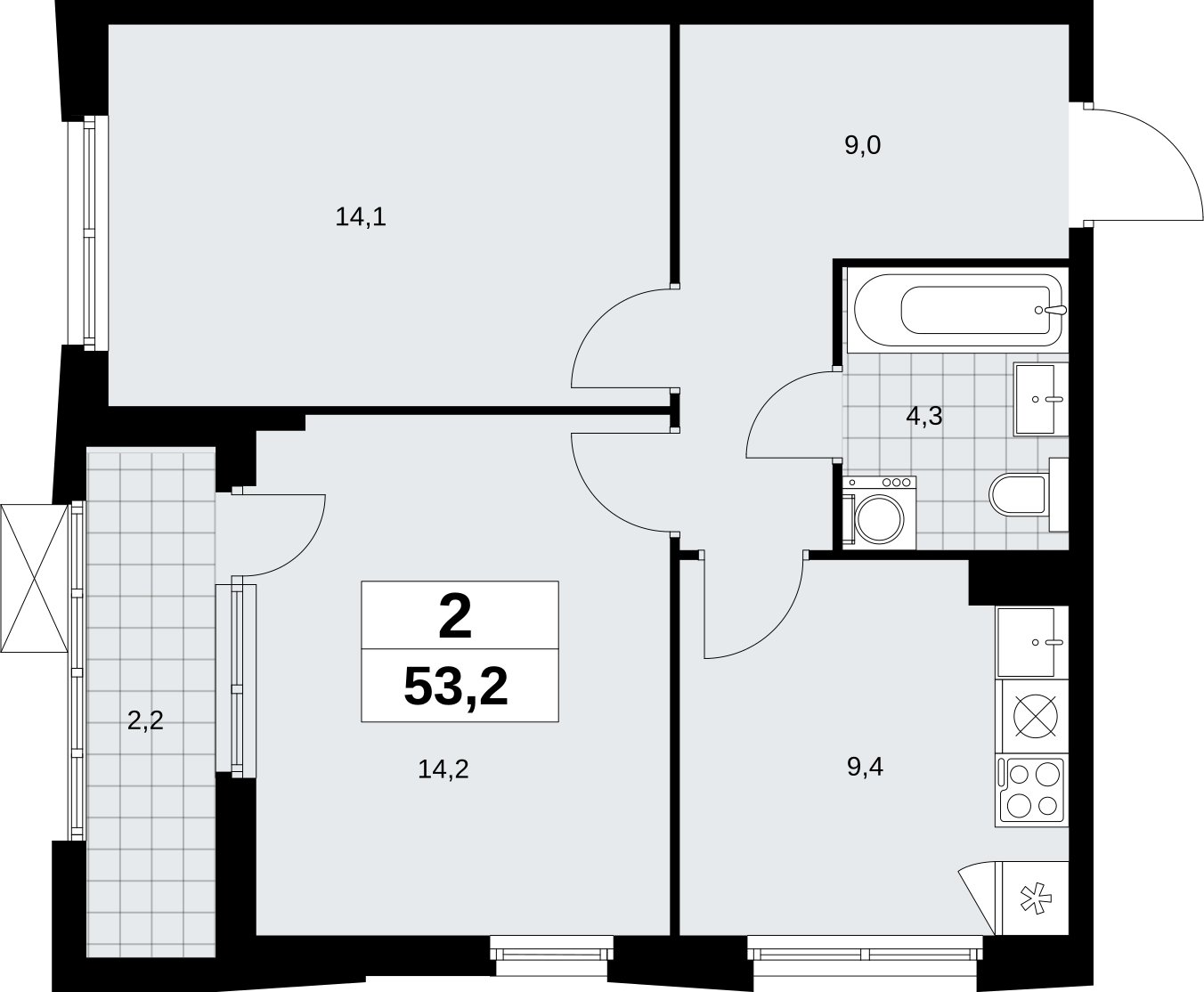 2-комнатная квартира без отделки, 53.2 м2, 8 этаж, сдача 1 квартал 2026 г., ЖК Дзен-кварталы, корпус 6.2.2 - объявление 2328676 - фото №1