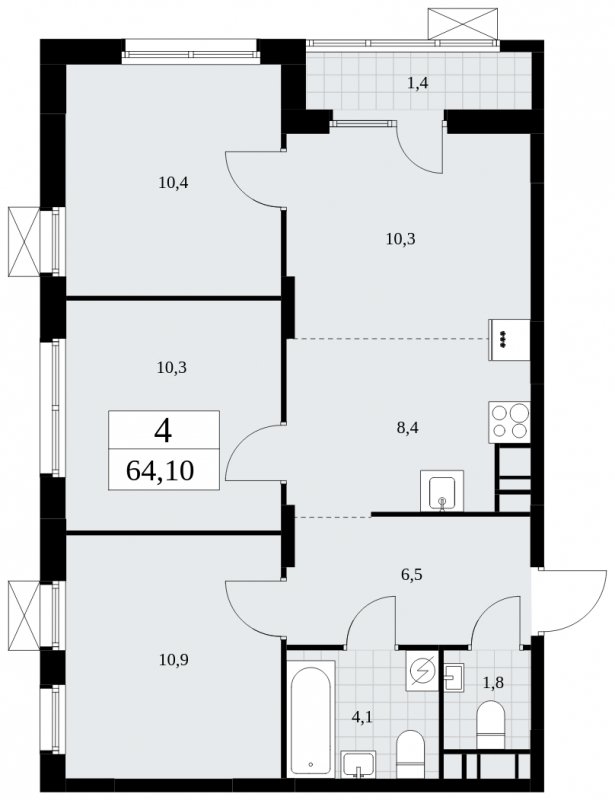 4-комнатная квартира (евро) с частичной отделкой, 64.1 м2, 10 этаж, сдача 1 квартал 2025 г., ЖК Дзен-кварталы, корпус 1.2 - объявление 1895801 - фото №1
