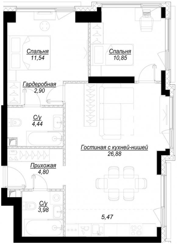 2-комнатная квартира с частичной отделкой, 70.9 м2, 20 этаж, сдача 1 квартал 2023 г., ЖК Hide, корпус RiverSide - объявление 1756894 - фото №1