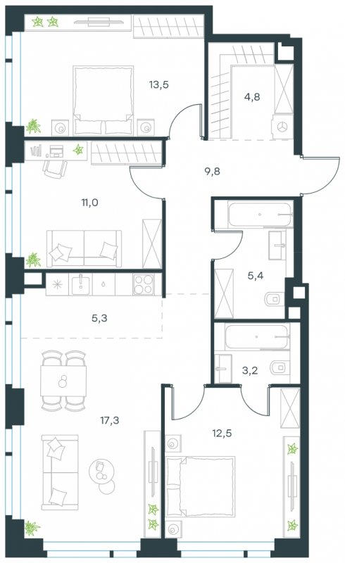 4-комнатная квартира (евро) с частичной отделкой, 82.8 м2, 17 этаж, сдача 4 квартал 2024 г., ЖК Level Мичуринский, корпус 5 - объявление 1635385 - фото №1