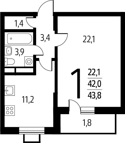 1-комнатная квартира с полной отделкой, 43.8 м2, 7 этаж, сдача 1 квартал 2025 г., ЖК Новые Ватутинки. Заречный, корпус 5/3 - объявление 2271914 - фото №1
