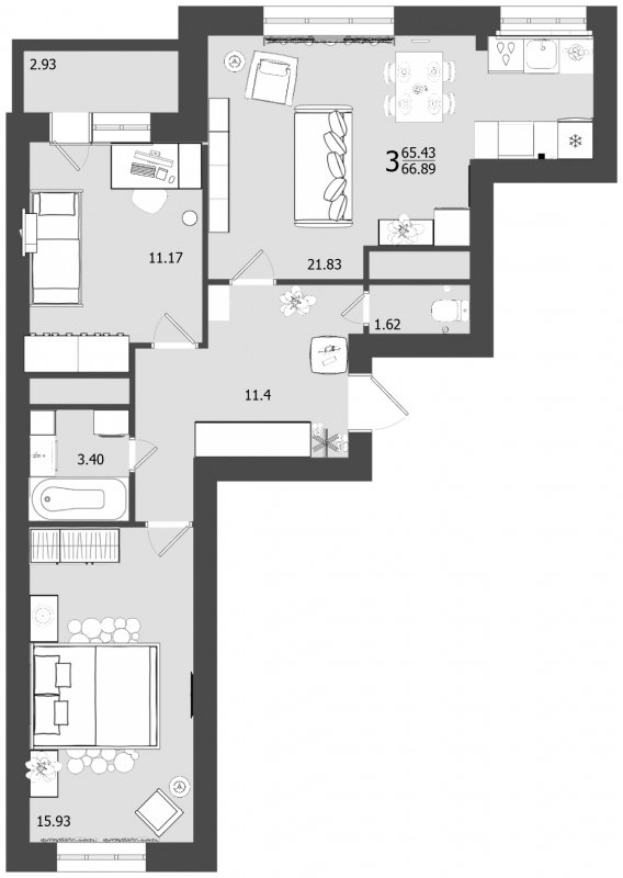 3-комнатная квартира без отделки, 66.89 м2, 9 этаж, дом сдан, ЖК Олимп, корпус 25 - объявление 1600188 - фото №1